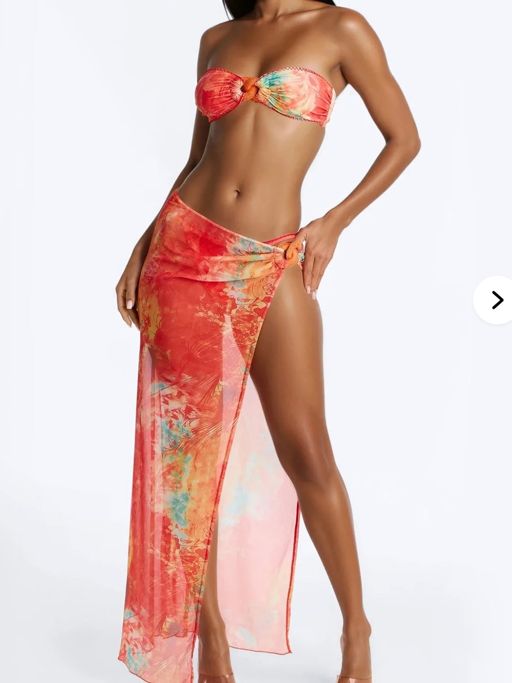 Tropical orange strapless 3 piece bikini with Sheer Sarong Set